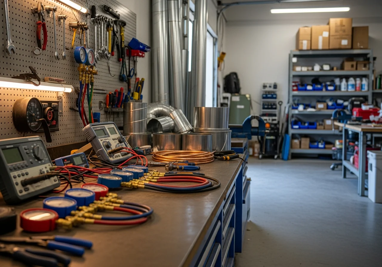 HVAC technician tools and equipment on a workbench, ready for service calls.