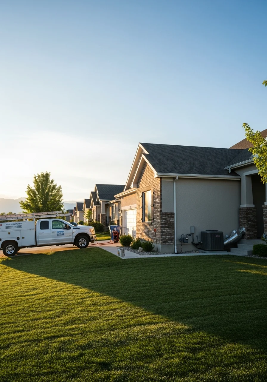 Crew member working on Oquirrh property with neighborhood homes visible in background.