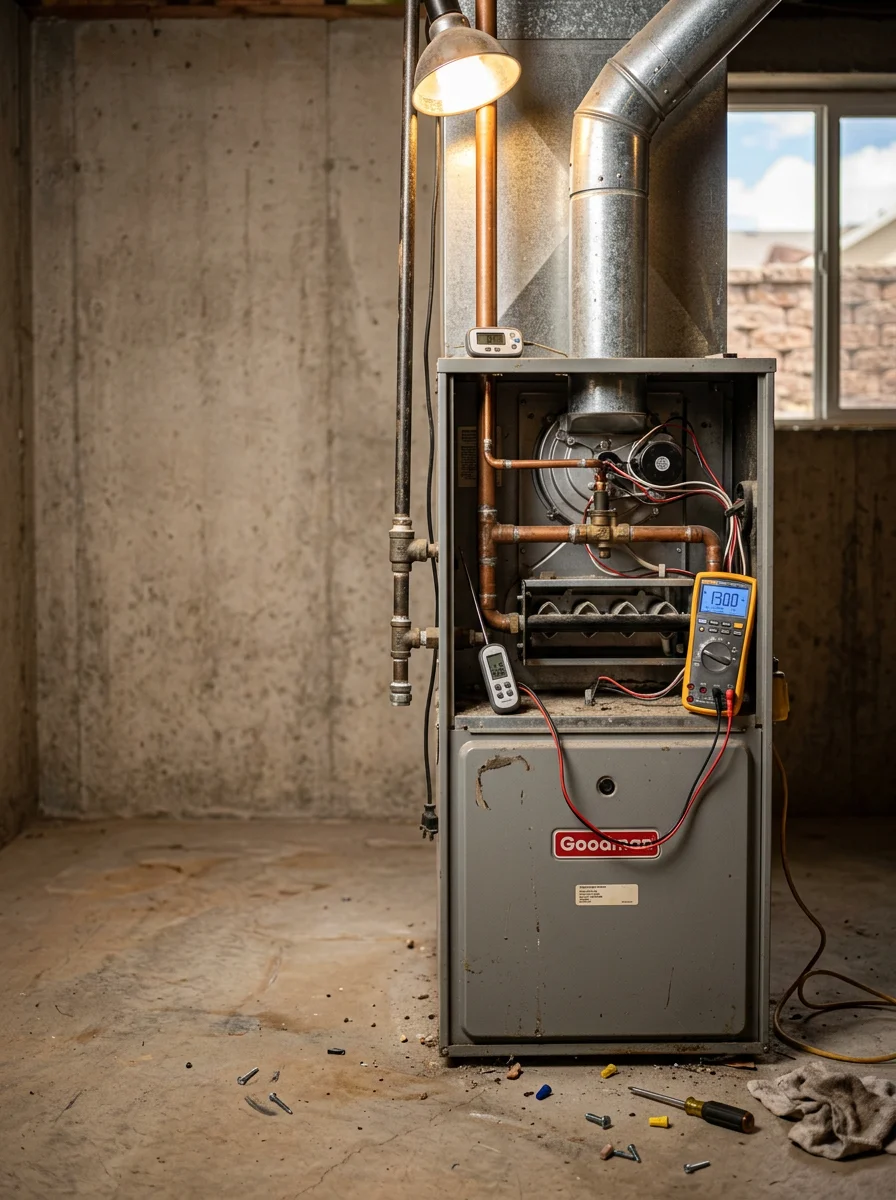 HVAC technician performing furnace maintenance on residential heating system