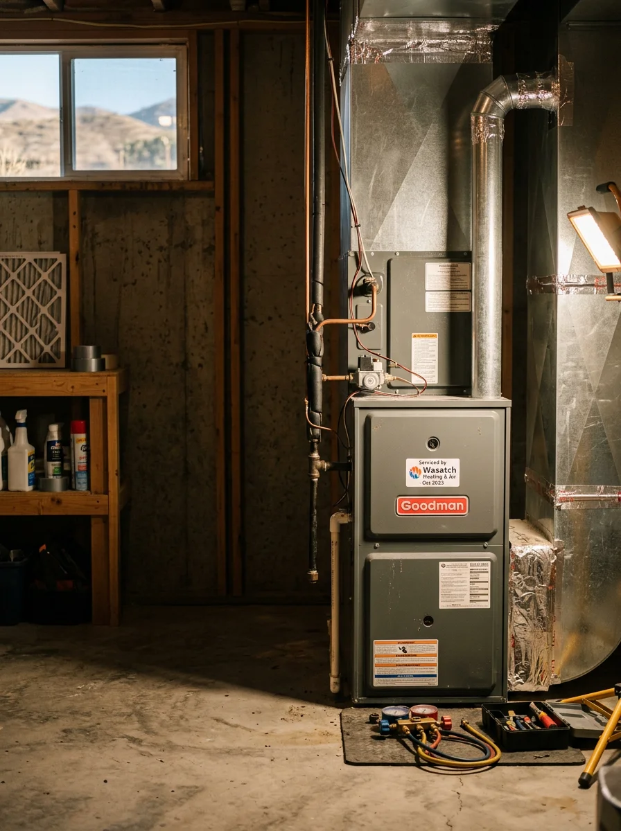 HVAC technician performing maintenance on heating system in South Jordan home