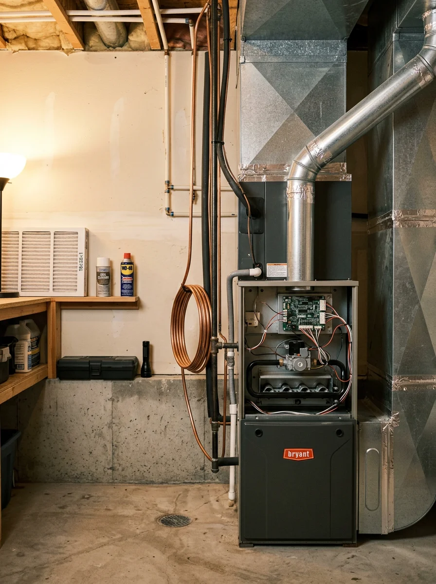 Modern HVAC technician performing maintenance on residential heating system