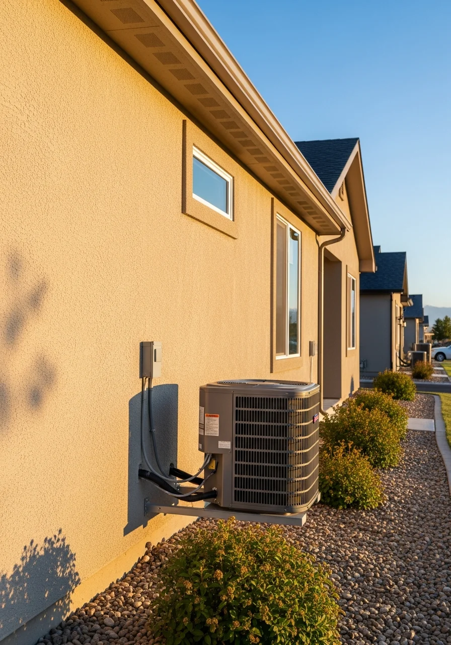 Professional crew member working on Stansbury Park home with community amenities visible.