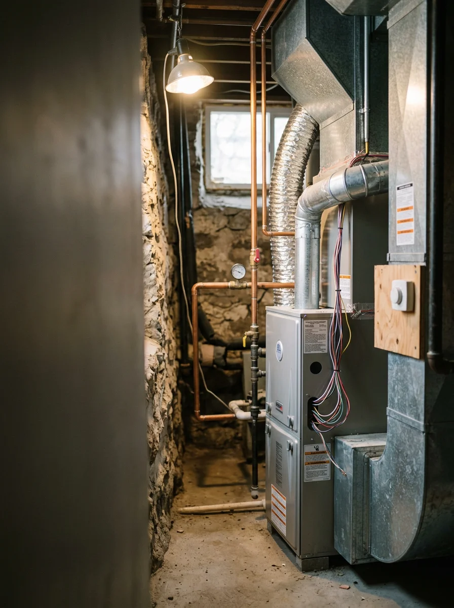 HVAC technician servicing heating system in Stockton Utah home