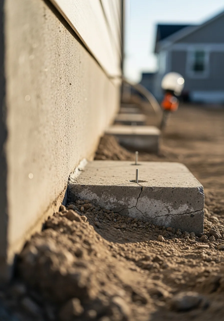 Close-up of professional crew member inspecting property foundation in Tooele residential area.