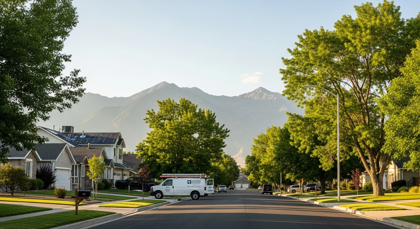 Wide view of Tooele residential neighborhood with mountain backdrop and established homes along tree-lined street.